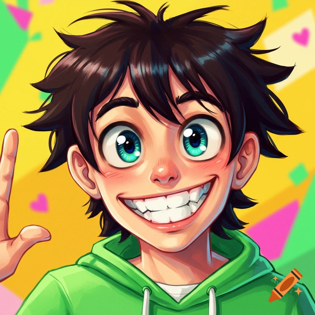 Cartoon portrait of a smiling boy in a green hoodie.