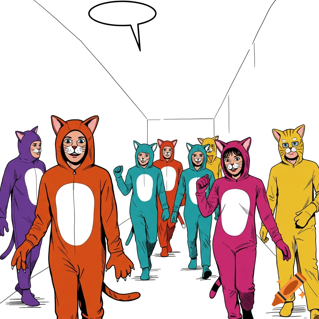 People in colorful cat costumes walk down a hallway in a pop art style comic illustration.