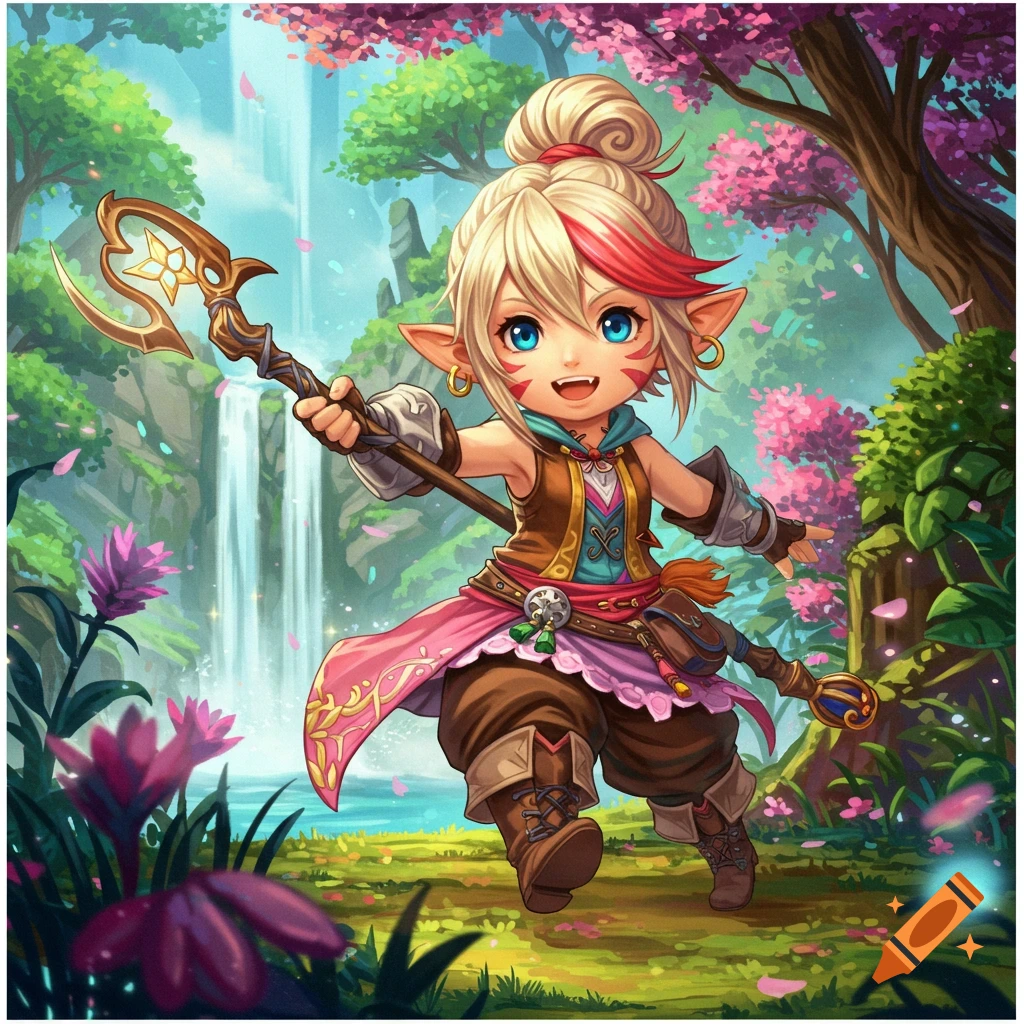 A cute fantasy character with blonde hair and red highlights holds a staff in a forest with a waterfall.