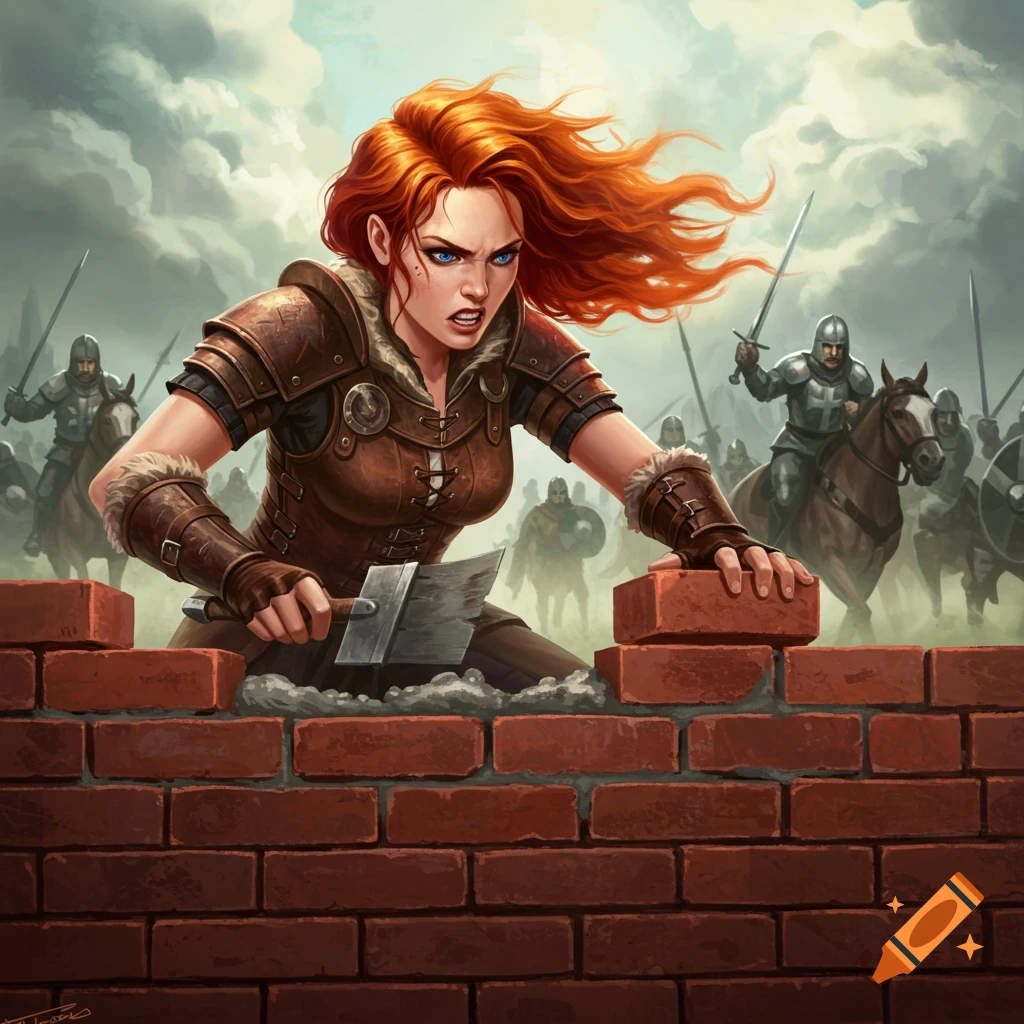 A red-haired warrior woman builds a brick wall as cavalry charges behind her.