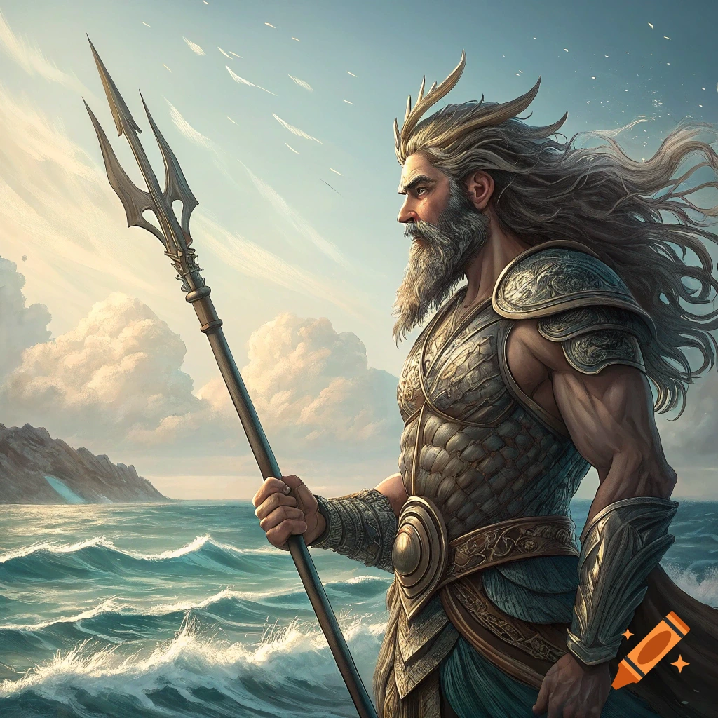 Poseidon, god of the sea, standing by the ocean waves, holding his trident.