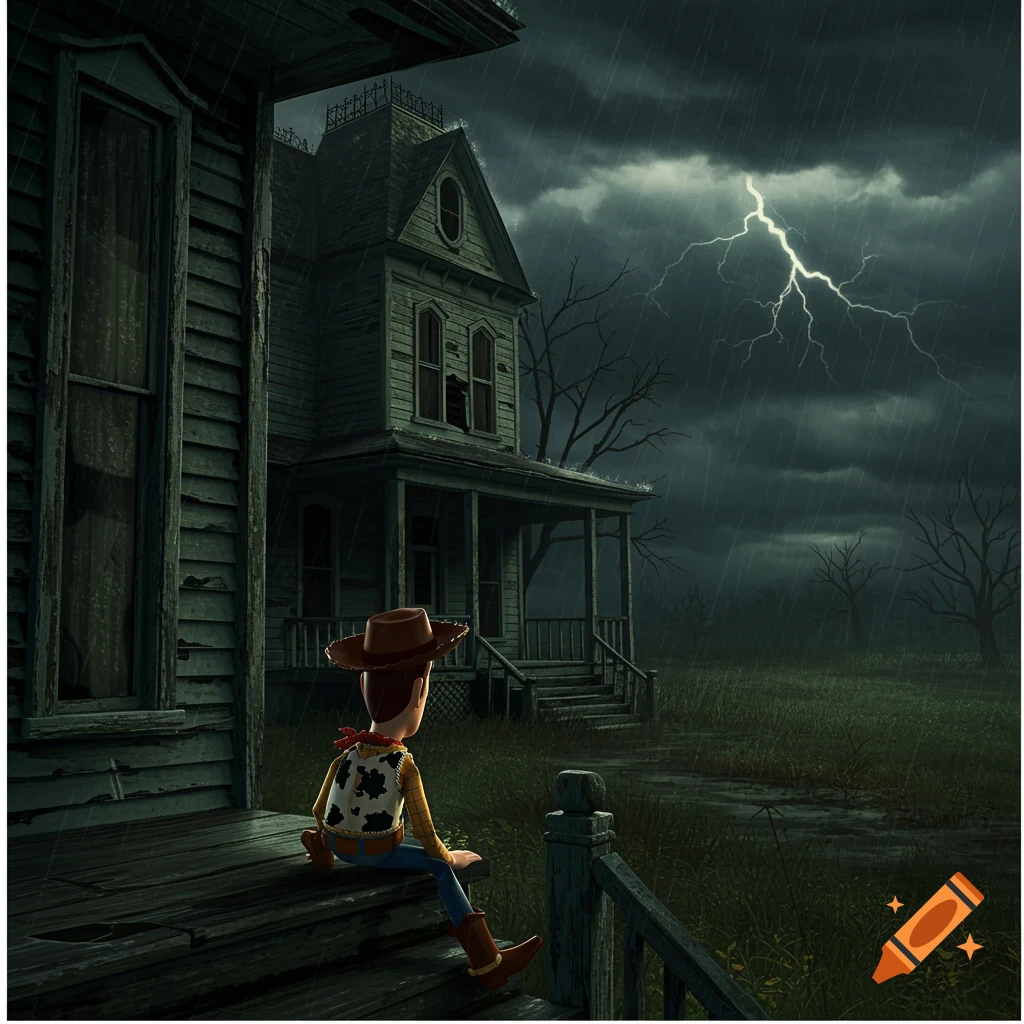 Woody from Toy Story sits on the porch of a scary house during a storm with lightning.