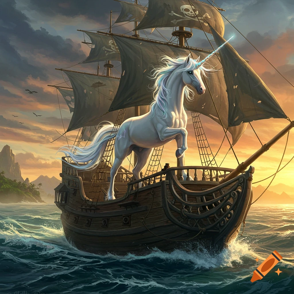 White unicorn stands on a pirate ship sailing on the sea at sunset.