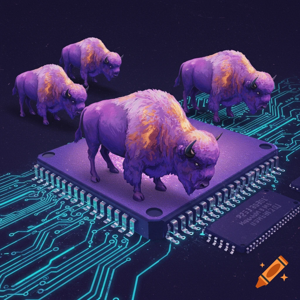Digital illustration of purple bison on a computer chip surrounded by blue circuits.