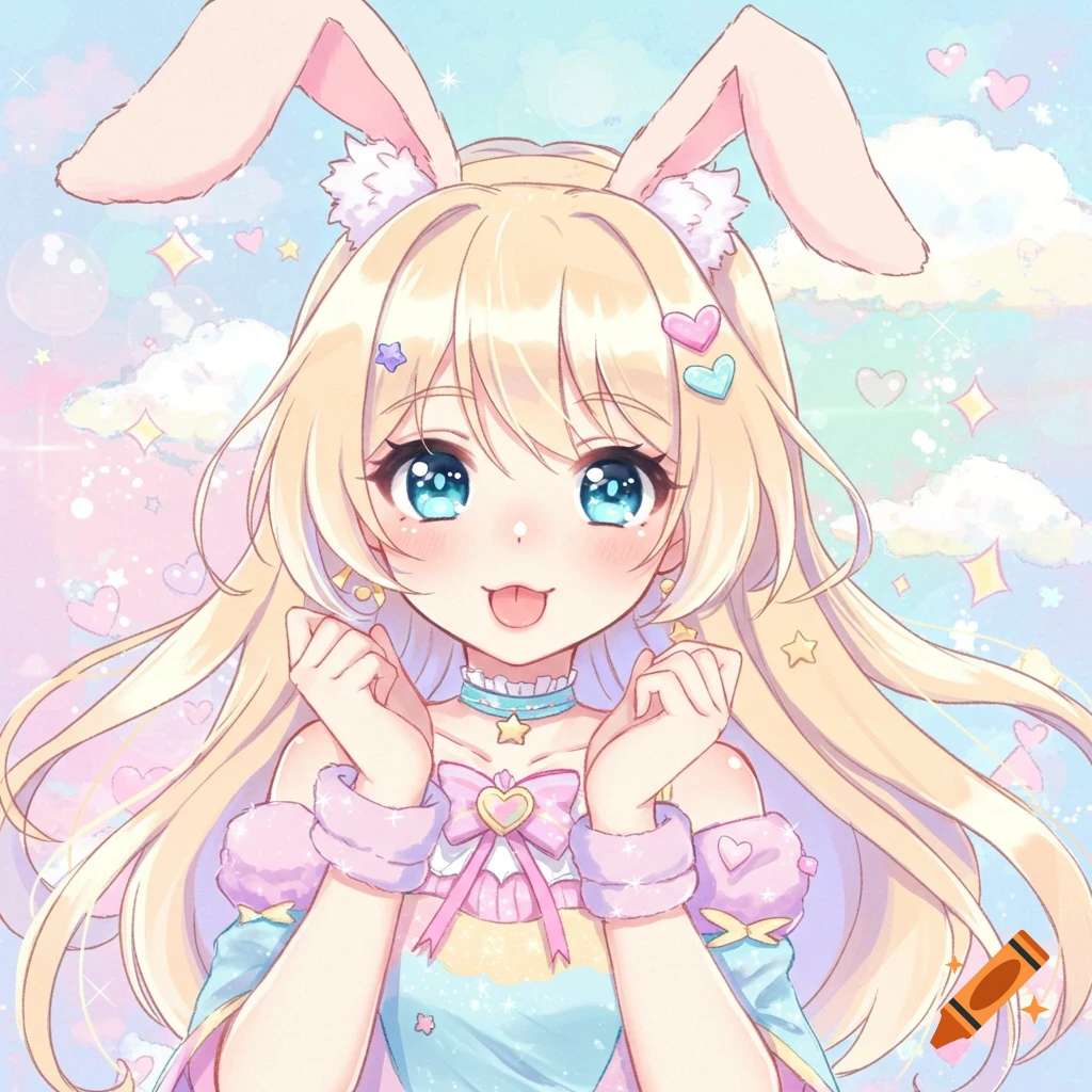 Close-up anime illustration of a cute blonde girl with blue eyes and bunny ears, sticking out her tongue.