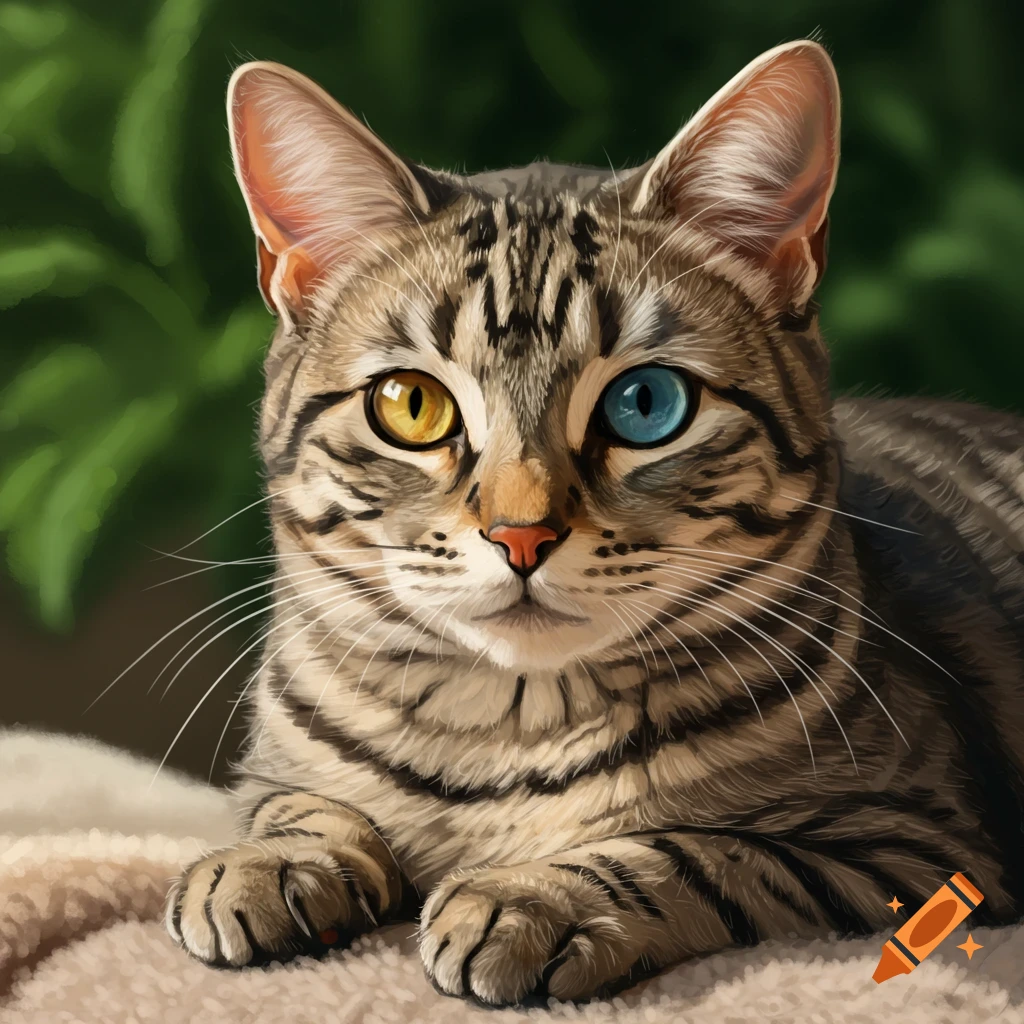 A tabby cat with heterochromia rests on a fuzzy blanket.