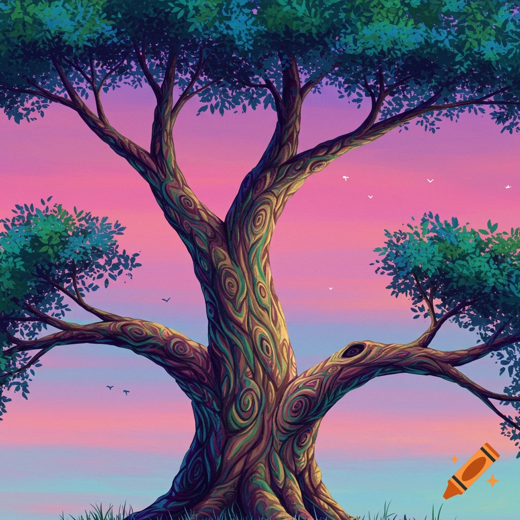 Stylized tree with detailed bark against a pink and blue sky