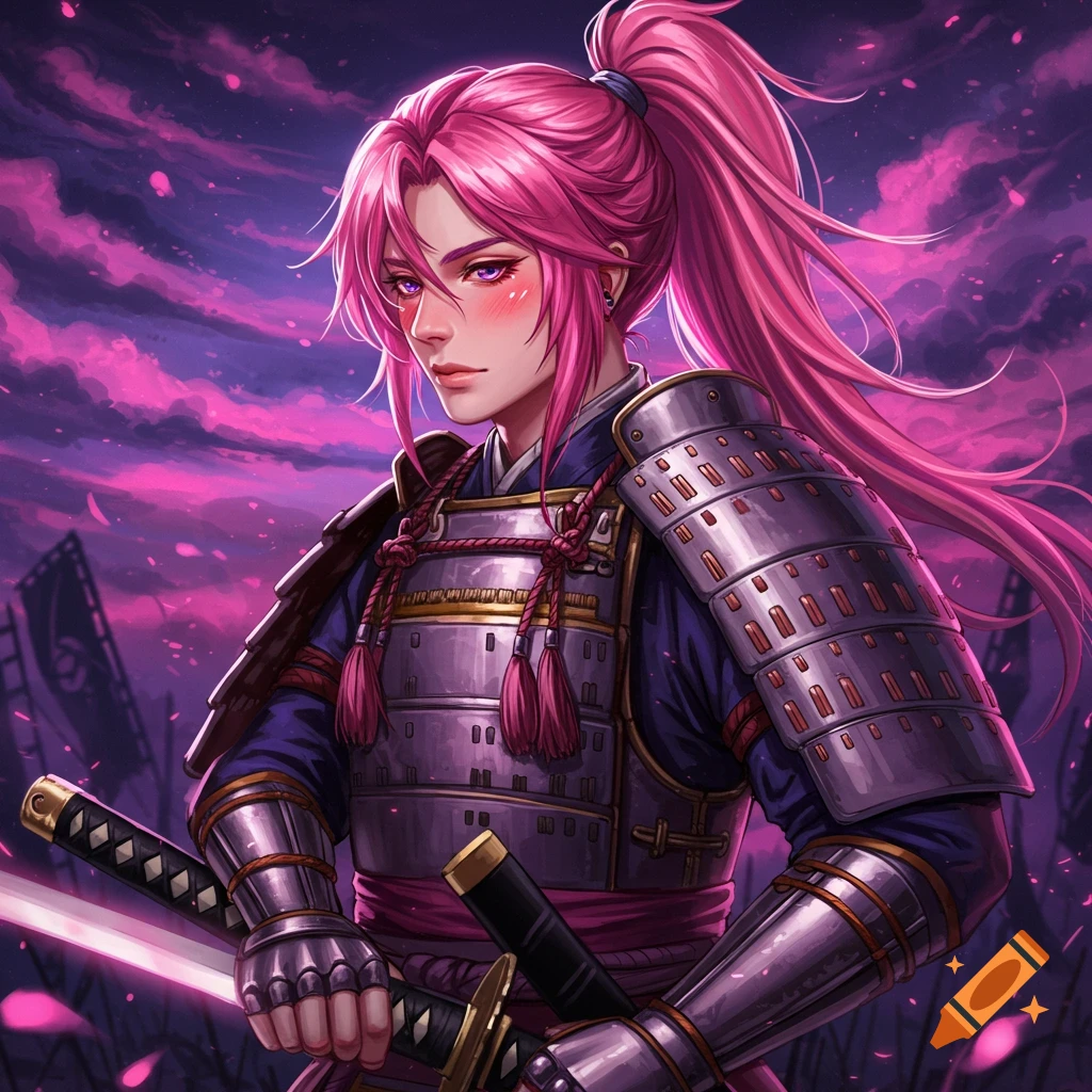 A samurai character with pink hair in armor