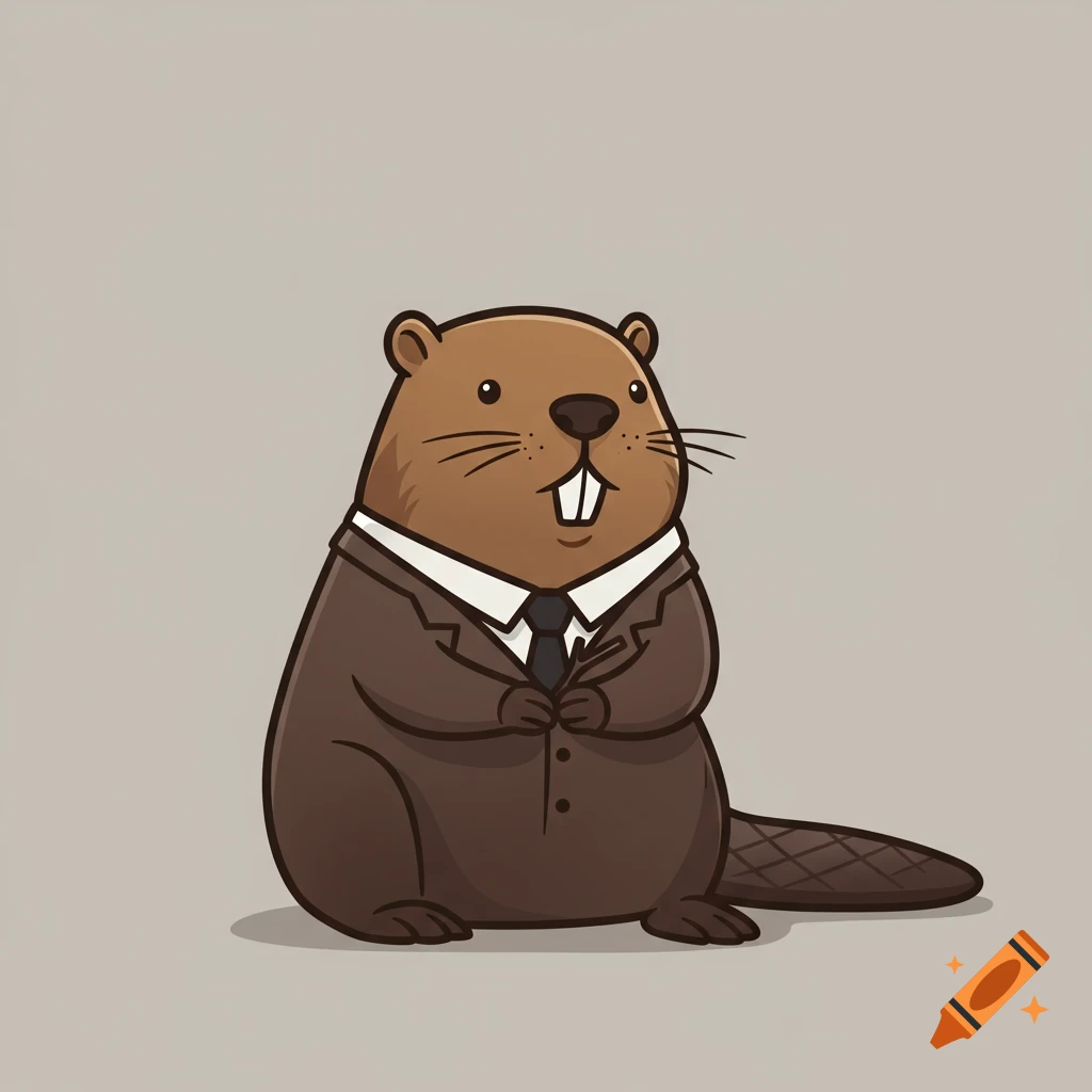 A cartoon beaver wearing a brown suit and tie.