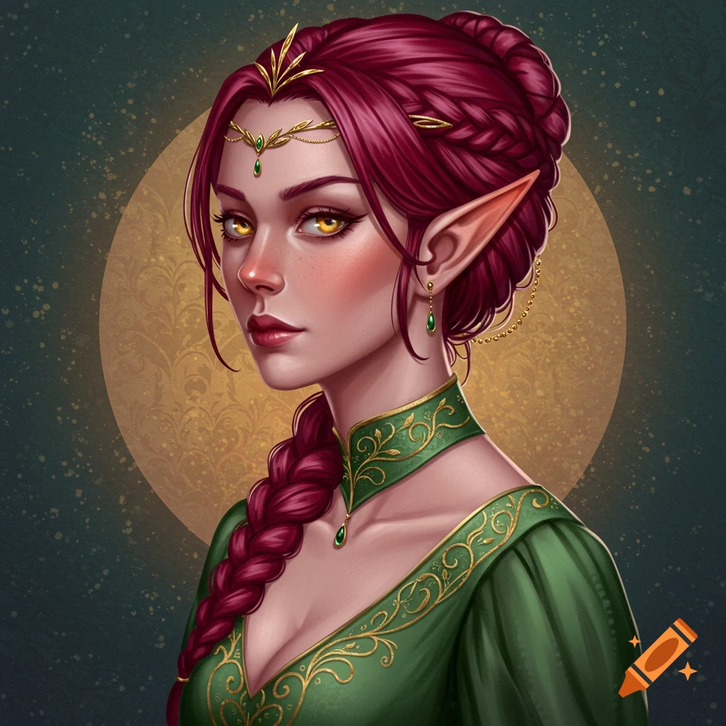 Portrait of an Elven woman with red hair, golden eyes, pointed ears, wearing a green gown with gold detailing and a tiara.