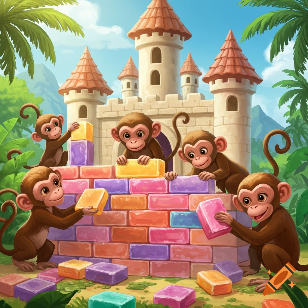 Cartoon monkeys build a castle wall with colorful blocks.