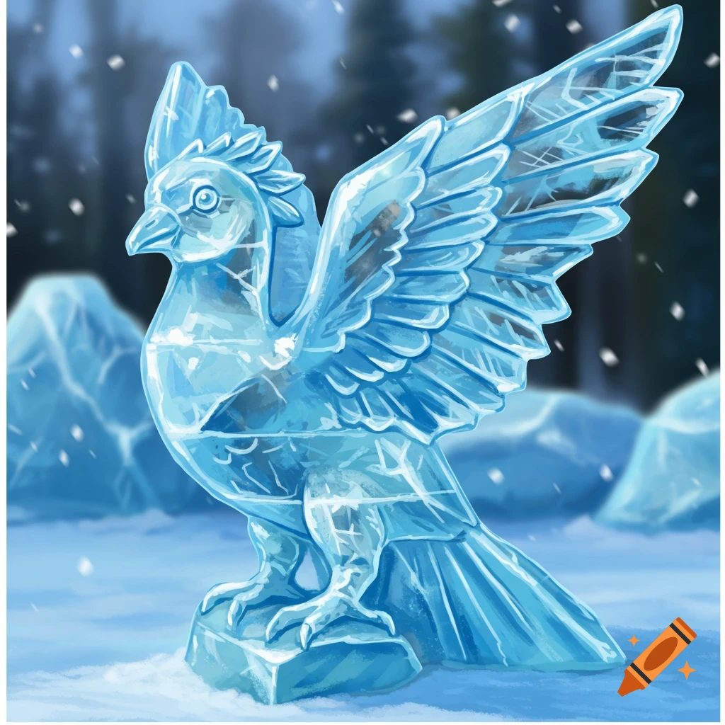 A detailed blue ice sculpture of a bird with spread wings stands in a snowy landscape.