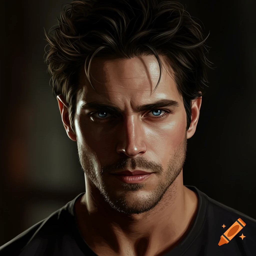Portrait of a man with dark hair and striking blue eyes