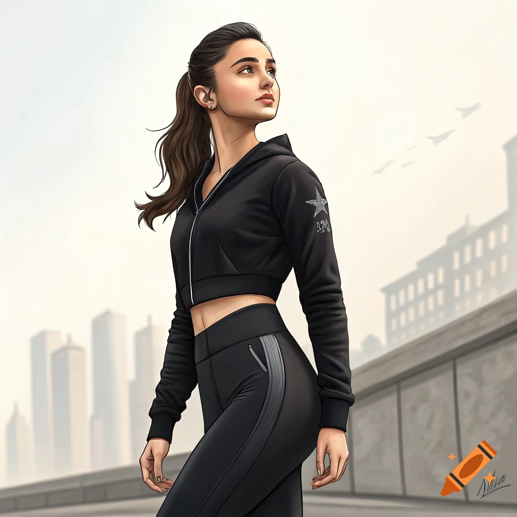 Illustration of a woman in black athletic wear looking up in an urban setting
