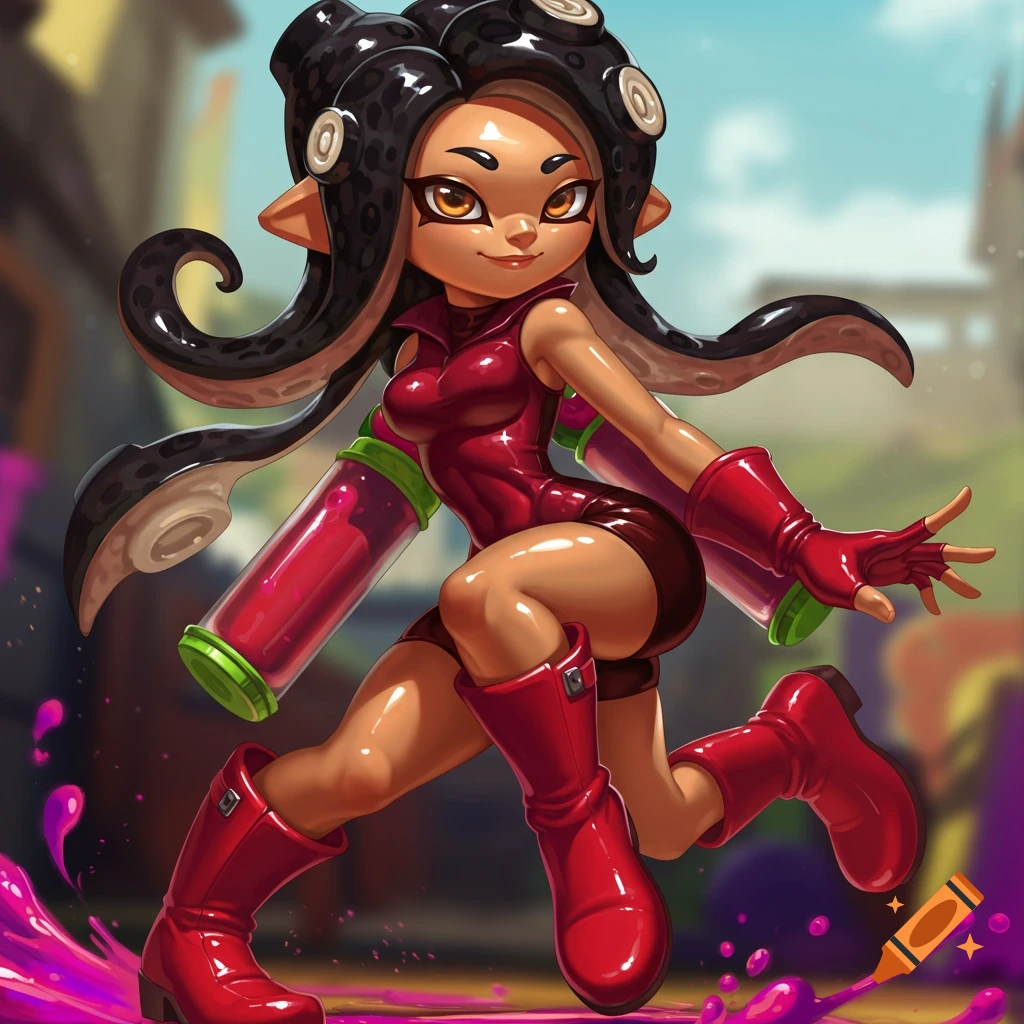 Stylized illustration of an Octoling girl from Splatoon running through splattered ink