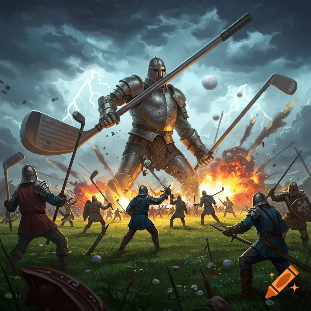 A fantasy battle is taking place, with knights wielding golf clubs. A giant knight stands out, holding a massive driver.