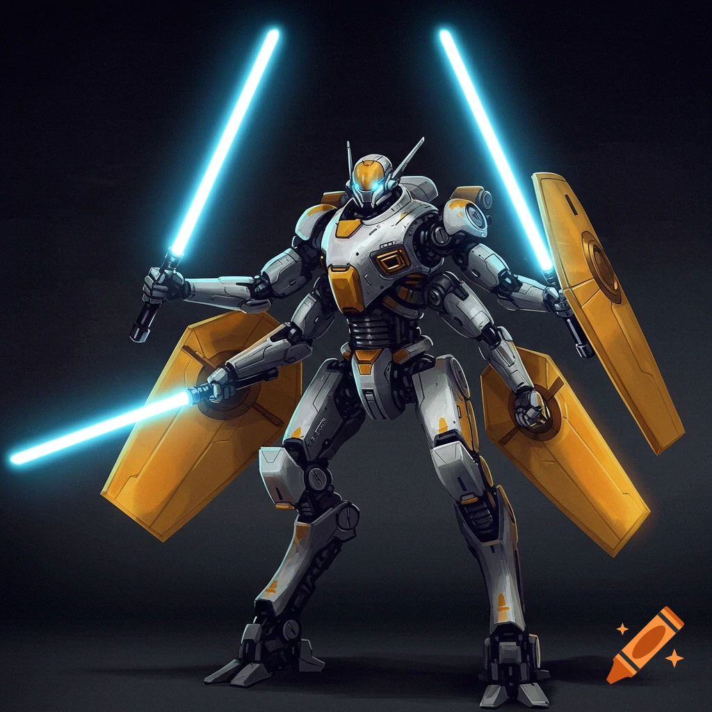 A four-armed robot holding two blue lightsabers and two large yellow shields.