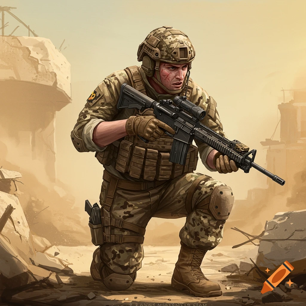 A soldier in camouflage kneels in a desert, holding a rifle.