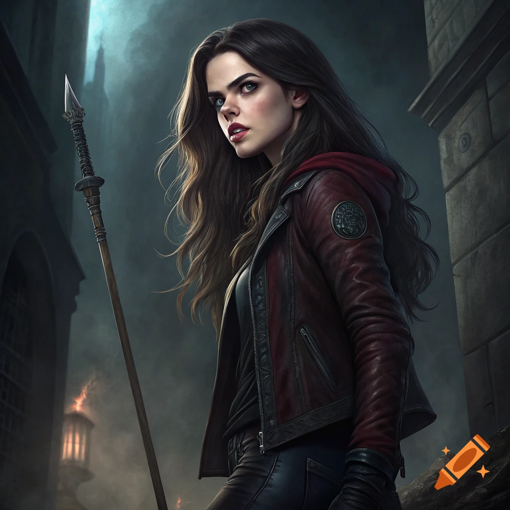 A woman in a red jacket holds a spear in a dark street.