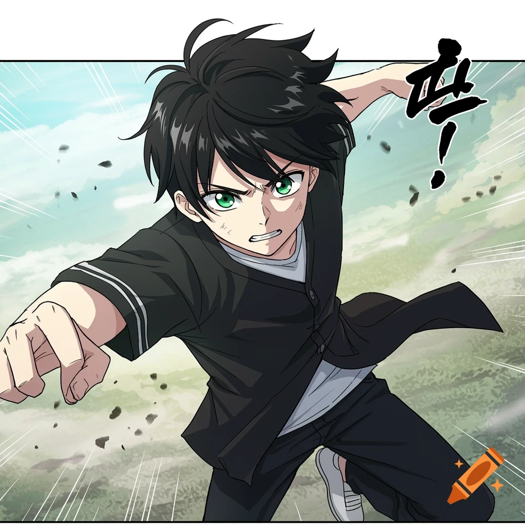 Young man lunging in action pose, green eyes, black hair, dynamic manhwa comic style.