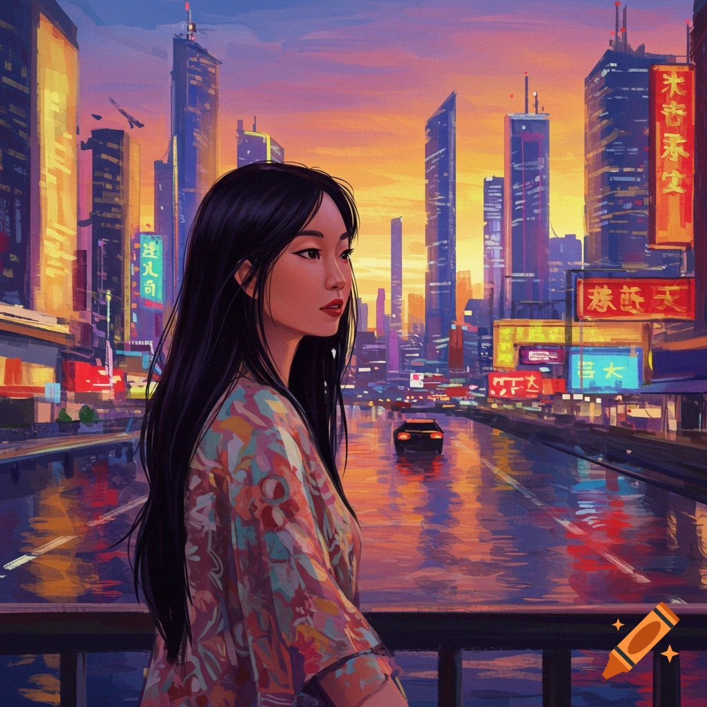 A woman looking over a vibrant city at sunset.