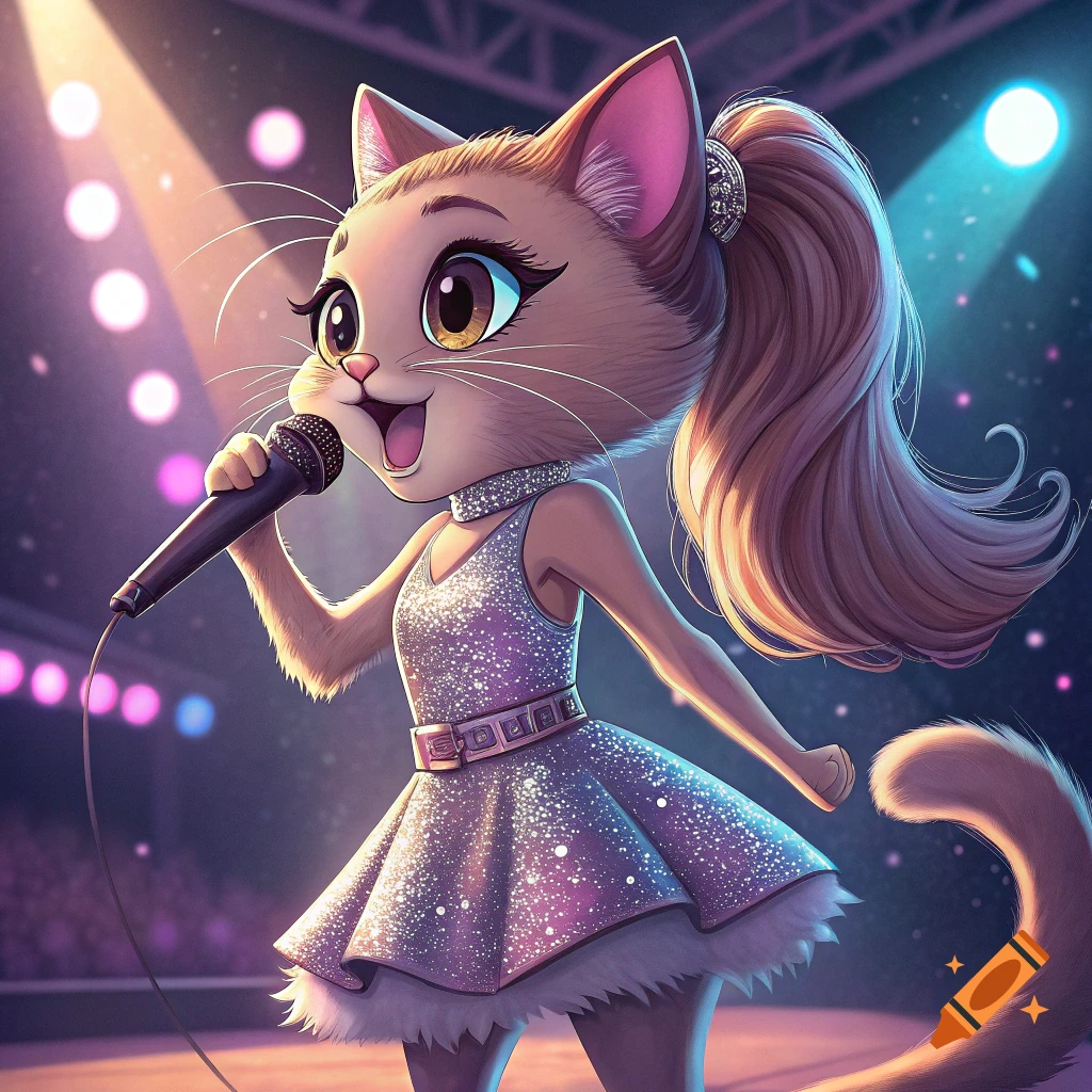 Cartoon cat pop star with ponytail and sparkly dress singing on stage