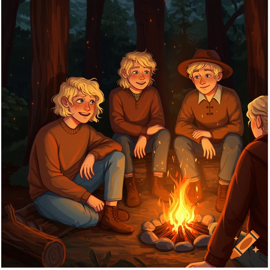 Blond people sitting around a campfire in a dark forest