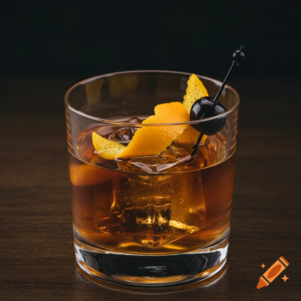A photorealistic image of a cocktail with ice, orange peel, and a cherry on a skewer.