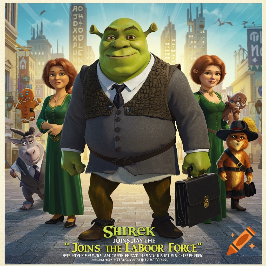 Shrek, Fiona, Donkey, Puss in Boots, and Gingerbread Man in business suits on a city street, like a movie poster.