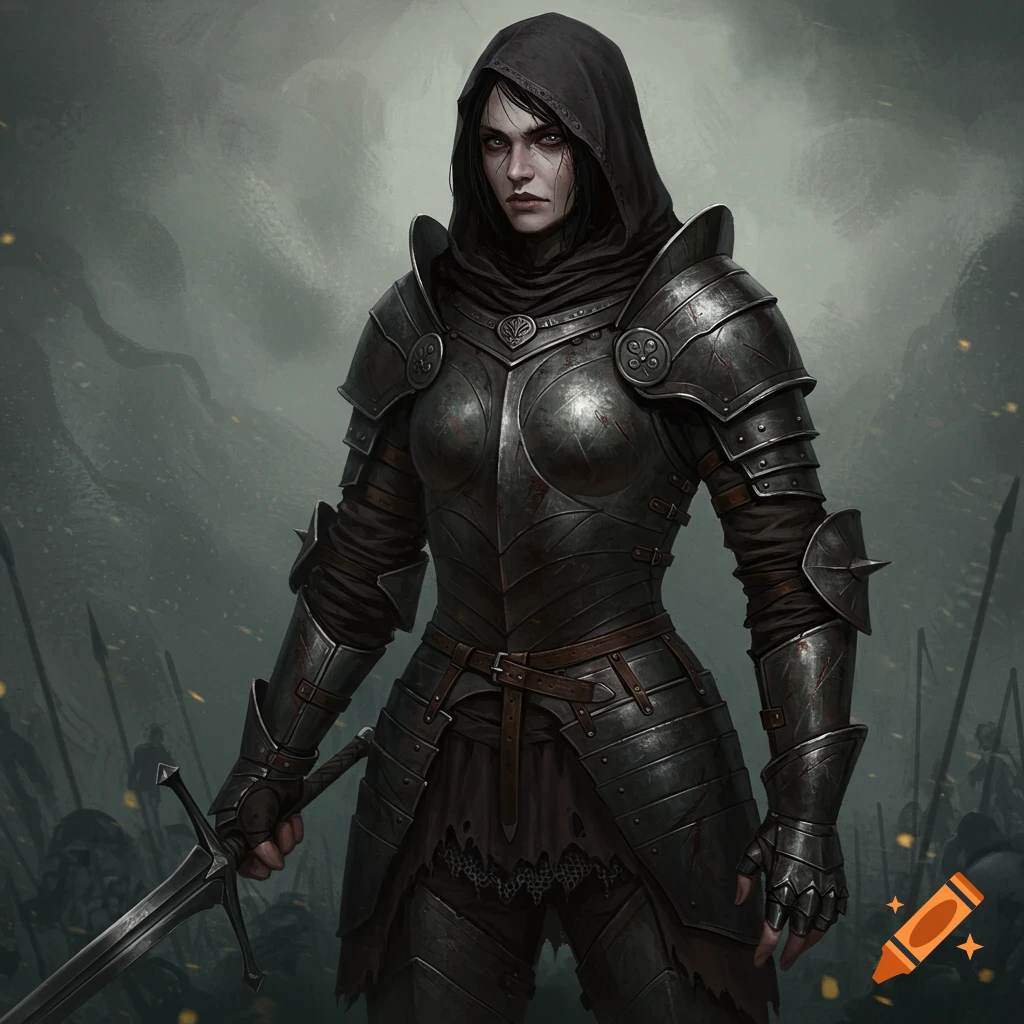 A hooded warrior in dark armor holds a sword in a battle scene.