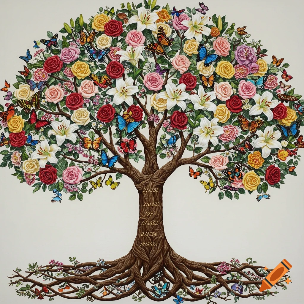 Tree covered in roses, lilies, and butterflies, with roots reaching out and dates carved into the trunk.