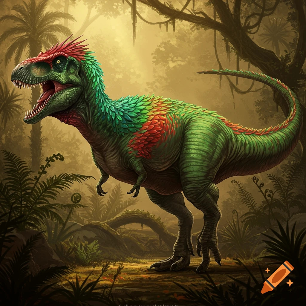 A colorful feathered T-rex stands in a misty jungle environment.