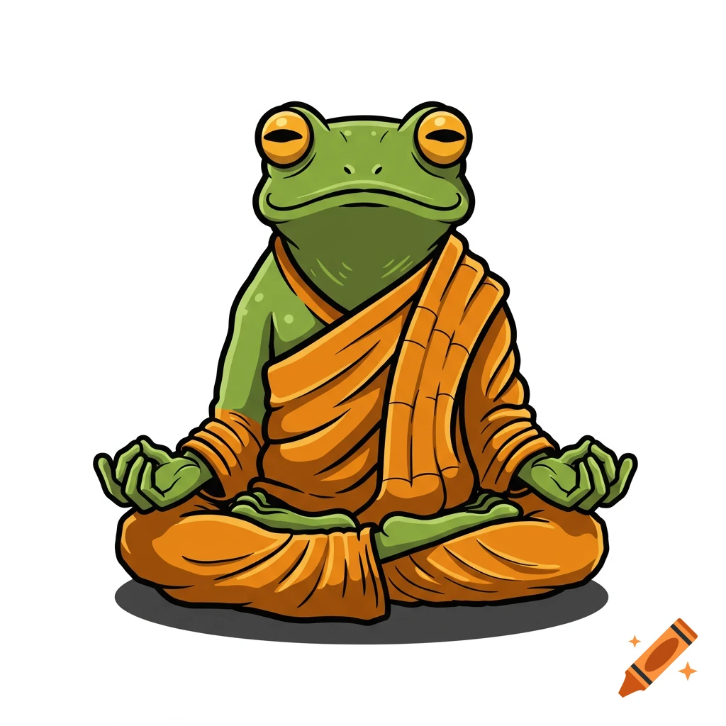 A vector graphic of a green frog meditating in orange Buddhist monk robes.
