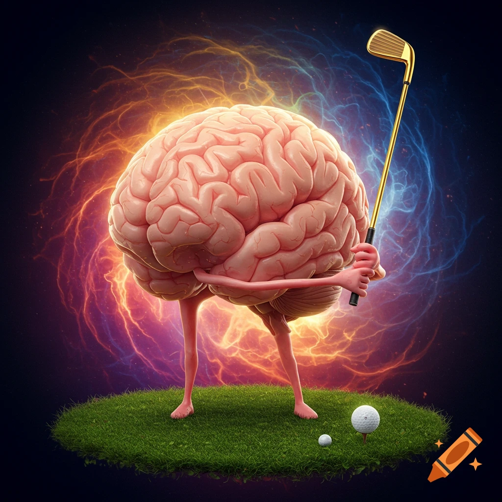 A brain with arms and legs swings a golf club on a patch of grass with glowing energy in the background.