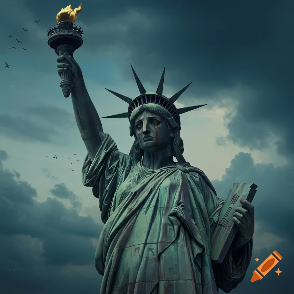 A sad statue of Liberty crying blood tears under a stormy sky, holding a broken tablet.