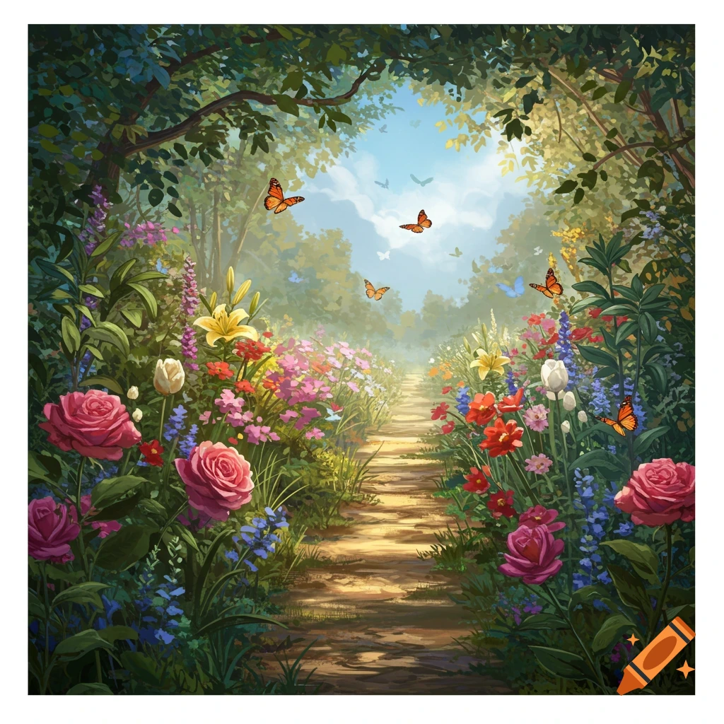 Sunny forest path winding through vibrant flowers with butterflies flitting about.