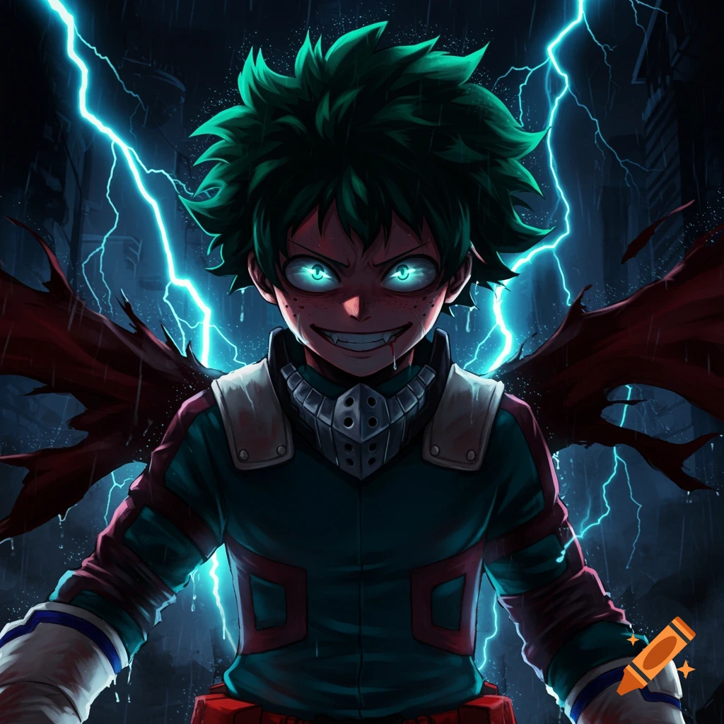 Villainous anime character with green hair and glowing eyes in the rain with lightning.