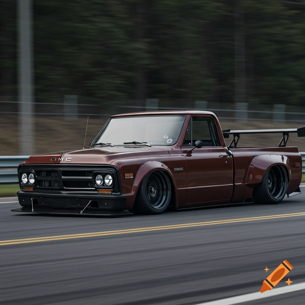 A heavily modified maroon GMC C10 pickup truck with widebody fenders, lowered suspension, and a rear spoiler speeds down a road.