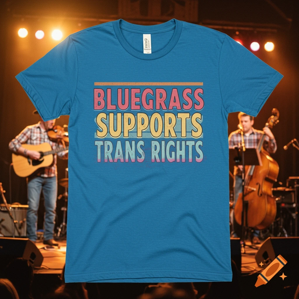 A person wears a blue t-shirt that reads 'BLUEGRASS SUPPORTS TRANS RIGHTS' on a stage with musicians playing.