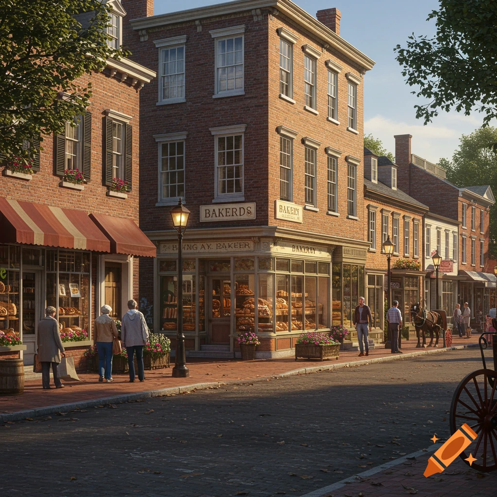 Street scene in a realistic New England town with a bakery, people, and a horse-drawn carriage.