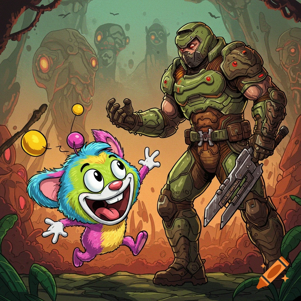 Doomguy stands next to a small, colorful cartoon creature in a swampy forest with monsters in the background.
