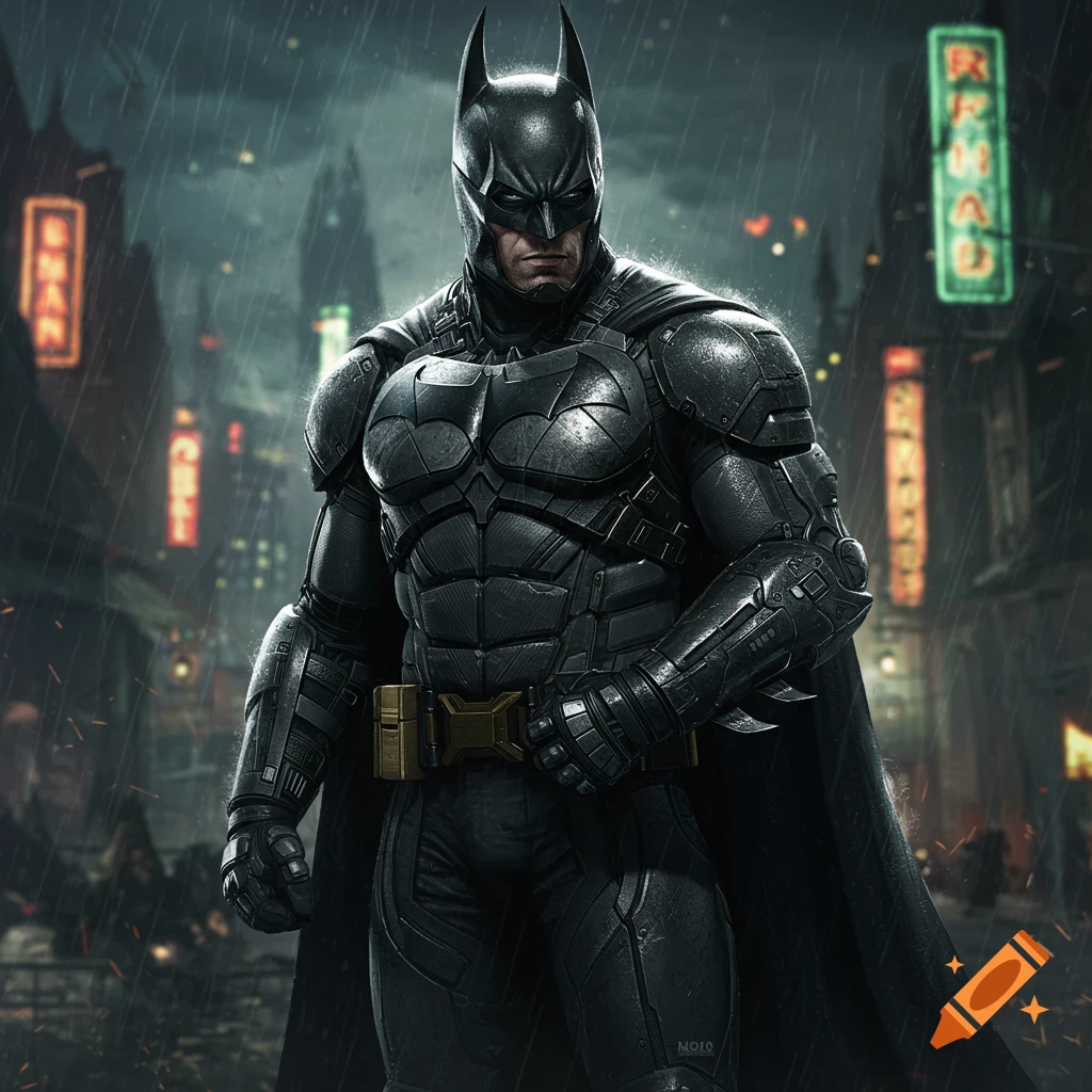 Batman in his Arkham Knight suit standing in a rainy city street.