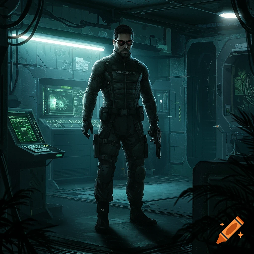 A stealth agent in a dark, futuristic base, holding a pistol.