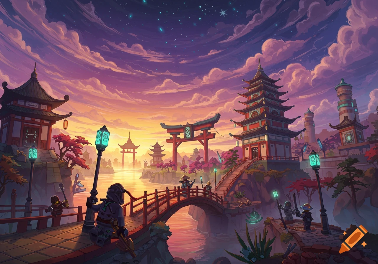 A stylized fantasy landscape with Japanese architecture, including pagodas, a bridge, and small figures under a vibrant sunset sky.