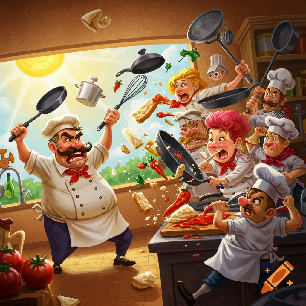 Cartoon chefs having a chaotic food and utensil fight in a kitchen.
