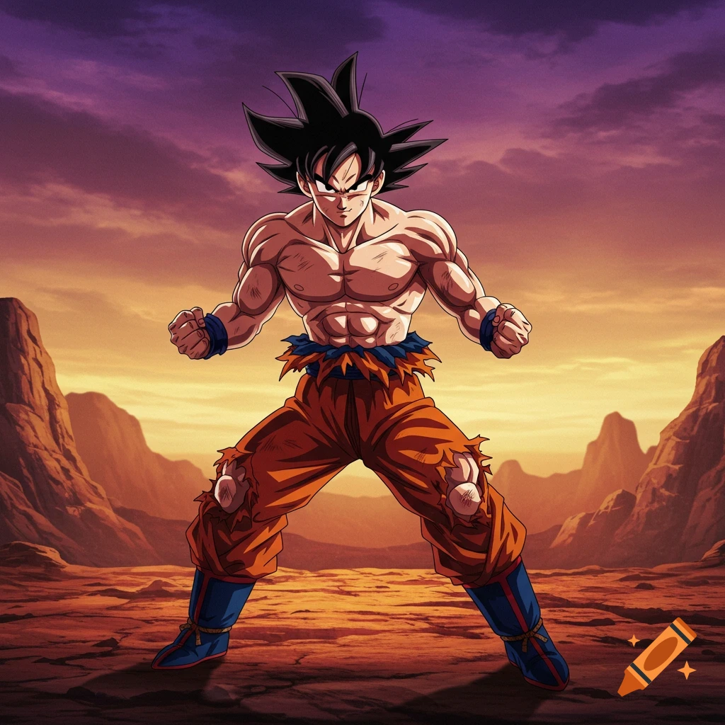 Goku in a battle pose in a rocky desert landscape at sunset, anime style