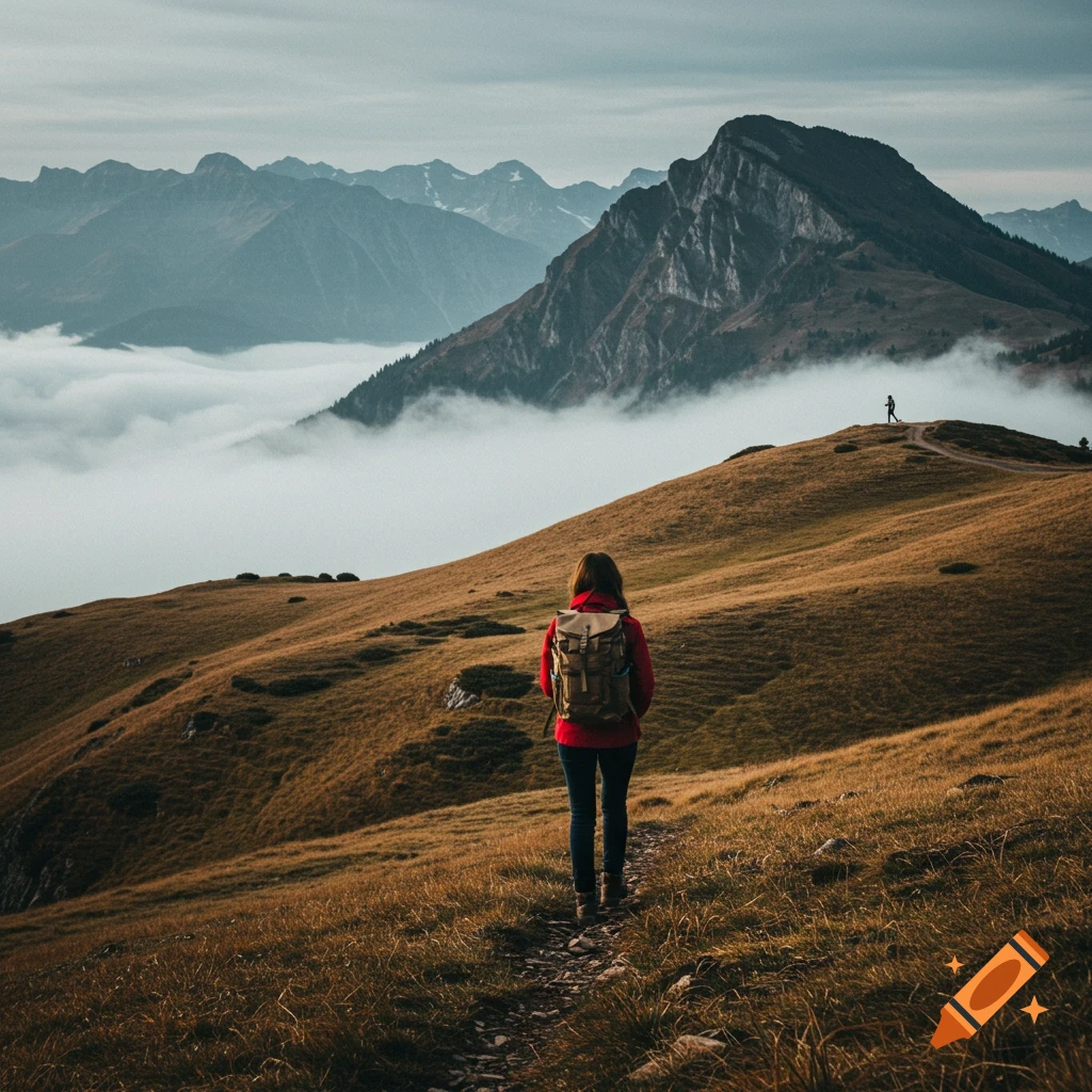 Person hiking on a mountain trail overlooking clouds and peaks, photorealistic style.