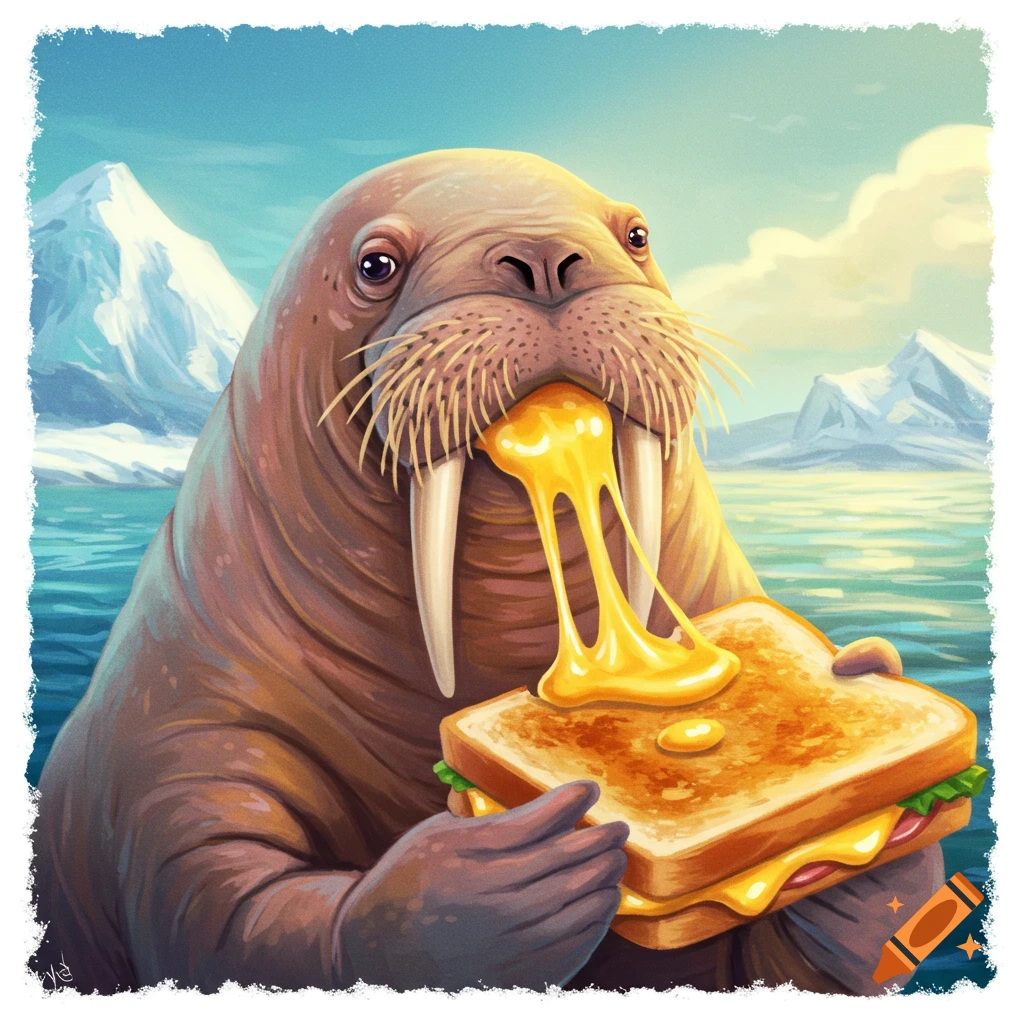 A walrus pulling cheese from a grilled cheese sandwich in the ocean with mountains.