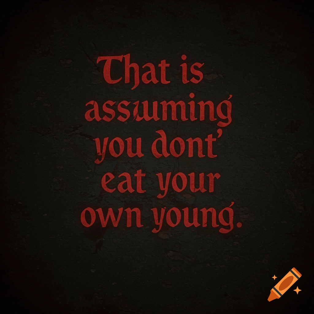 Red gothic text on a dark background reads "That is assuming you don't eat your own young."