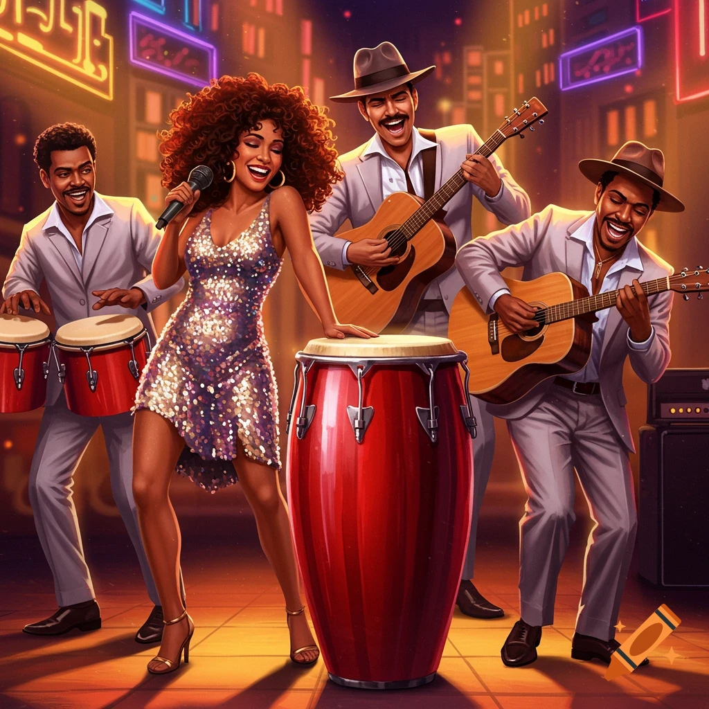 A lively Salsa band performing in a city with neon lights.